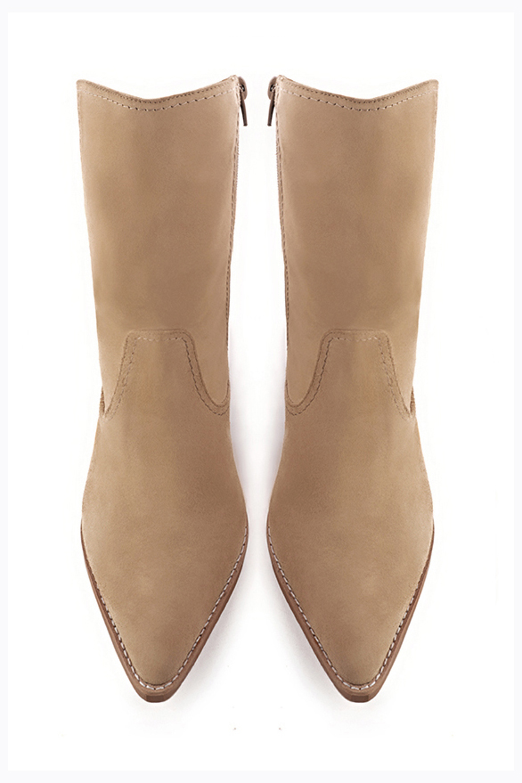 Tan beige women's ankle boots with a zip on the inside. Tapered toe. Medium cone heels. Top view - Florence KOOIJMAN